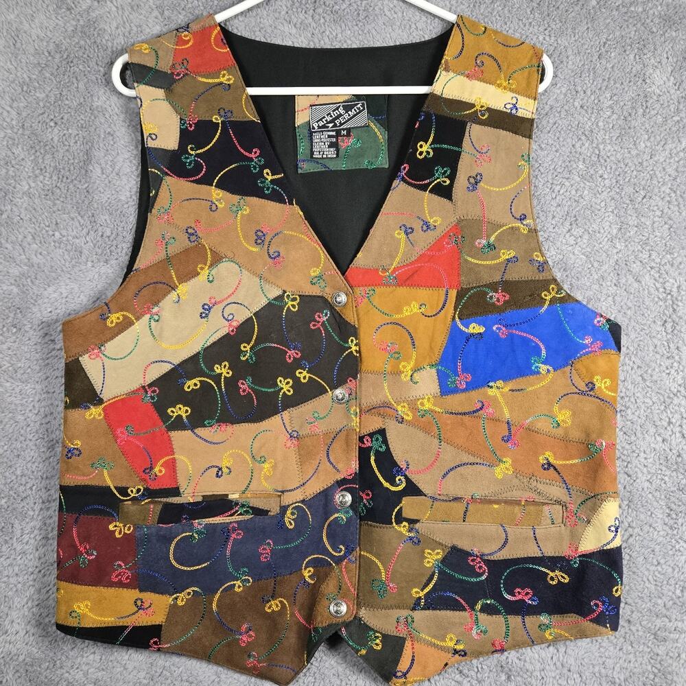 Vintage 90's Parking Permit Leather Vest Size Medium Patchwork Embroidered Boho